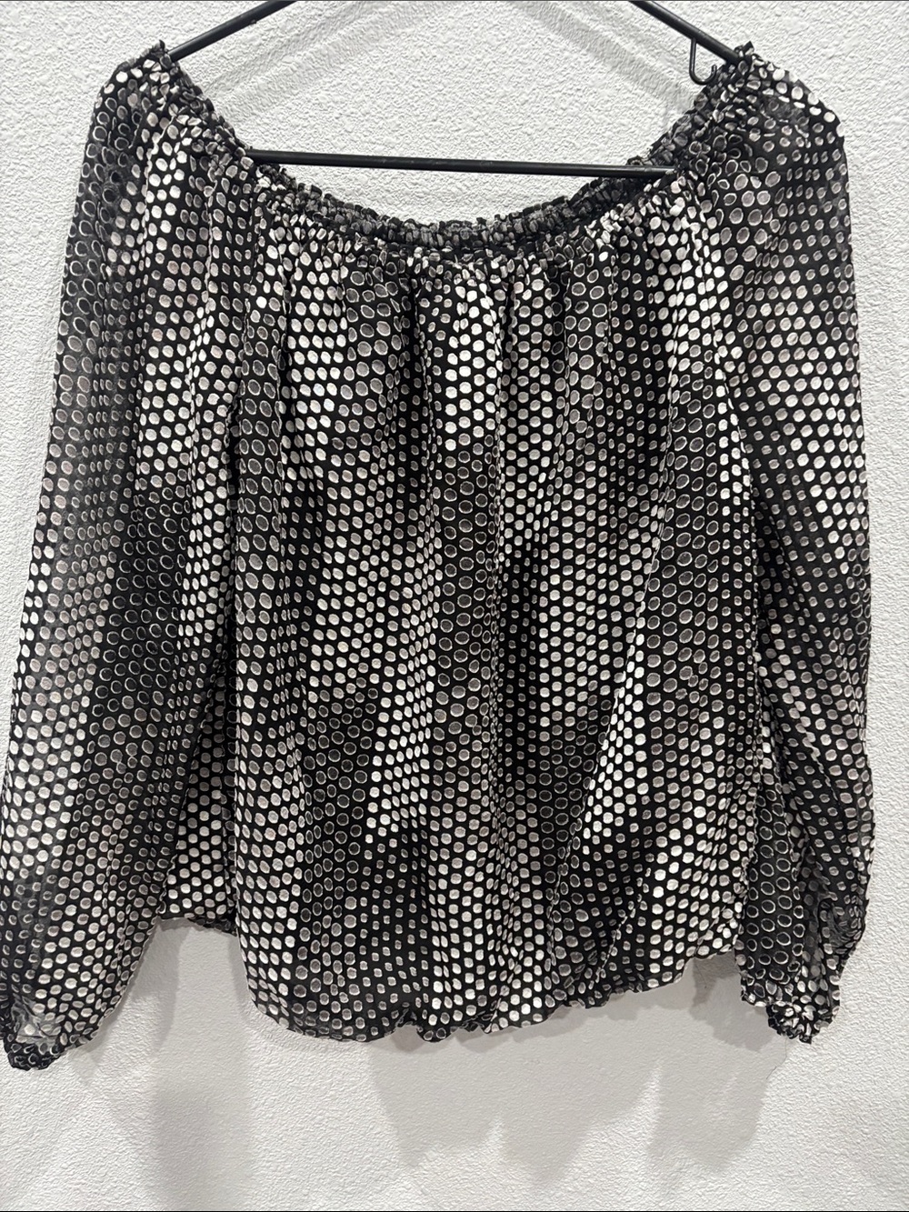 White House Black Market Black and White Polka Dot Off-the-Shoulder Blouse